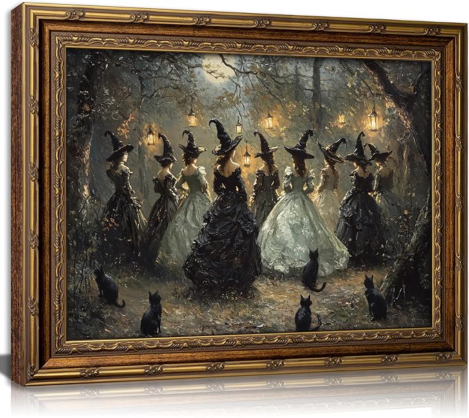 Vintage Gold Framed Canvas Wall Art Dark Academia Gothic Black Cat Painting Picture Wall Decor Halloween Moody Aesthetic Witches Dancing Scene Forest Poster Print Artwork for Living room Bedroom