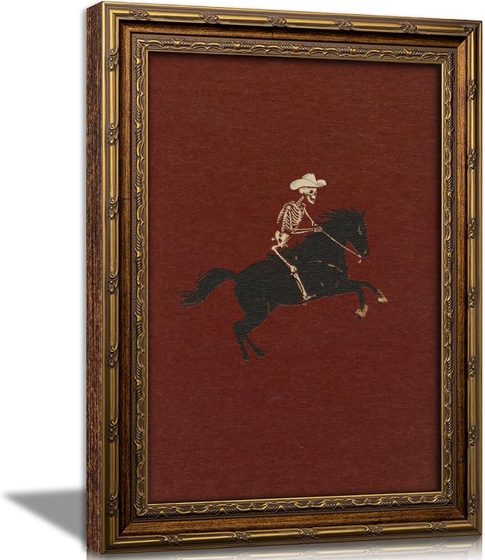 Vintage Gold Framed Canvas Wall Art Skeleton Cowboy Riding Bronco Painting Picture Wall Decor Whimsical Gothic Western Retro Horse Illustration Poster Print Artwork for Bedroom Dorm Living Room - skull wall art