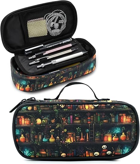 Wood Bookshelf Skull Pencil Case Pencil Pouch Large Capacity Pen Bag School Office Organizer Stationery Storage Box For Girls Boys Teen Kids - skull suitcase