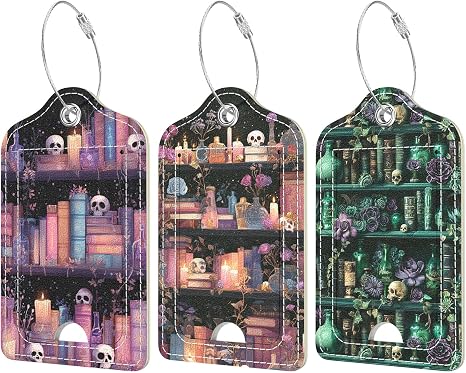 Rimilak 3 Pcs PU Leather Luggage Tags with Privacy Flap, Name ID Label - skull suitcase