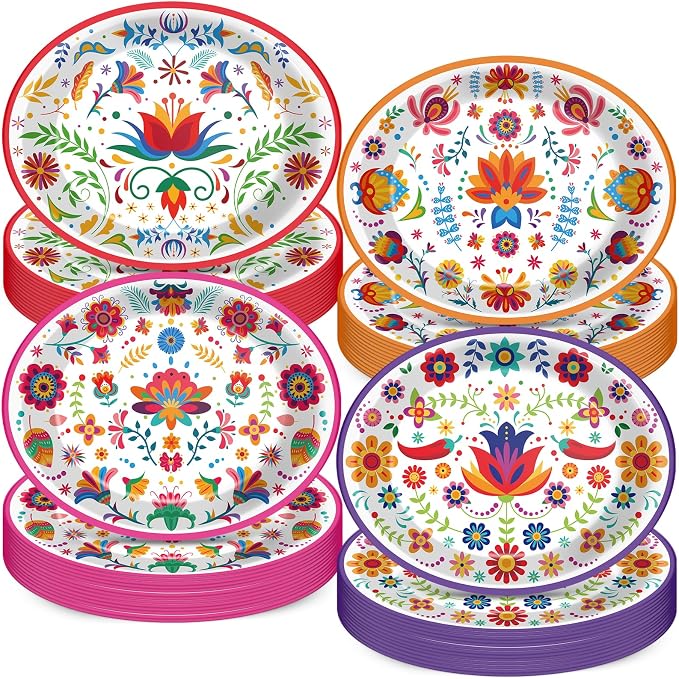 48pcs Mexican Oval Paper Plates Fiesta Mexico Party Decorations, 11 Inch - skull plate