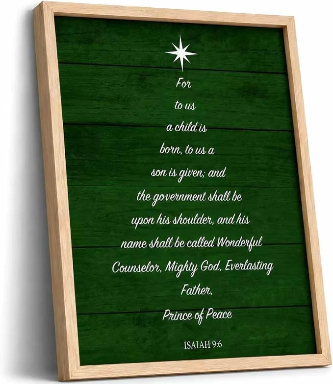 Christian Bible Verse Wall Art Framed, Isaiah 9:6 Scripture Poster Print, Religious Green Rustic Wooden Wall Decor, Christmas Tree Painting Picture for Living Room Bedroom Church, 12x16 Inches - skull wall art