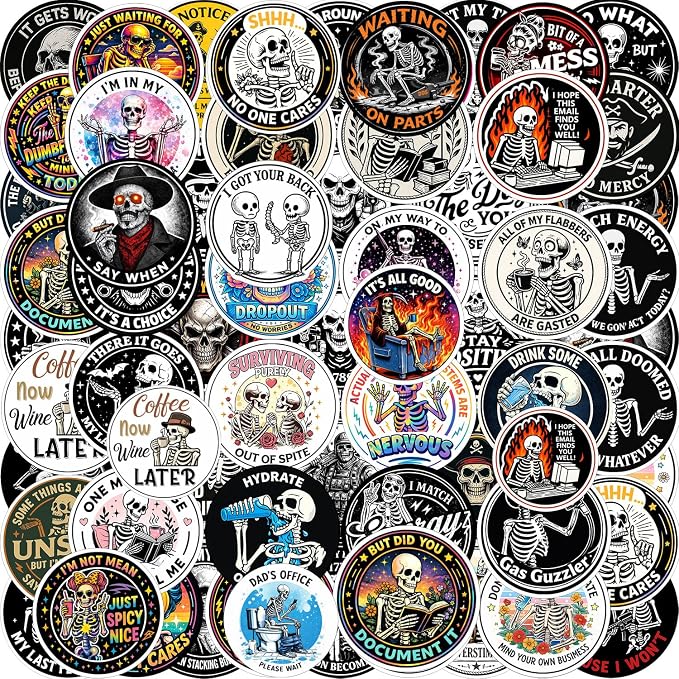 216Pcs Funny Skeleton Stickers, Waterproof Vinyl Skull Stickers Pack, Aesthetic Cartoon Skeleton Decals for Water Bottles, Laptops, Journals, Skateboards (108 Designs × 2PCS) - skull sticker