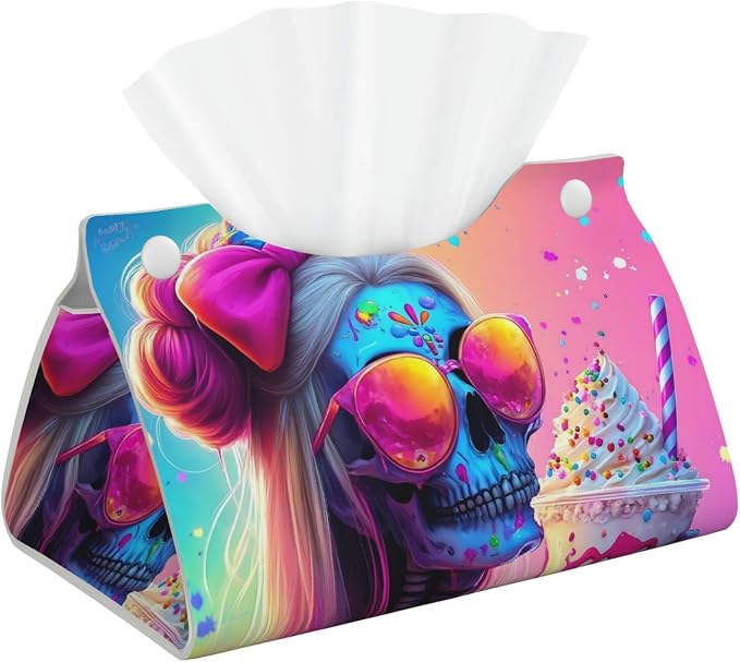 Neon Skull with Milkshake for Leather Tissue Box Holder Wipes Dispenser Paper Cover Tissue Organizer Box for Bathroom Living Room Bedroom - skull toilet paper