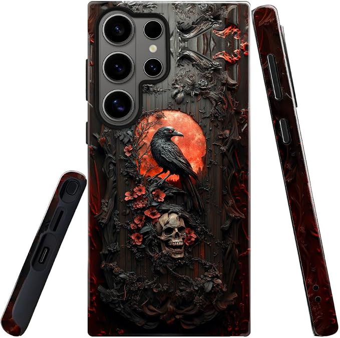 Compatible with Samsung Galaxy S26 Ultra,Glossy Dual-Layer Protection with Phone Case Cover - Gothic Raven Skull Dark - Skull phone case