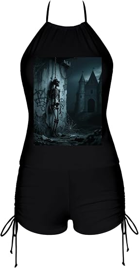 MUSM Women's 2 Piece Swimsuits Halter Tops with High Waist Shorts Bathing Suit Horror Skull Bikini Sets - skull swimsuit
