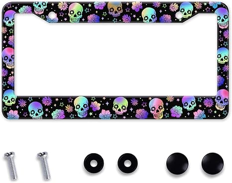 Rainbow Gradient Skull License Plate Frames for Halloween Cool Skull & Flowers Car Tag Frame Gothic License Plate Holder Aluminum Rustproof Car Decorative Accessories 12.2" X 6.3" - skull plate