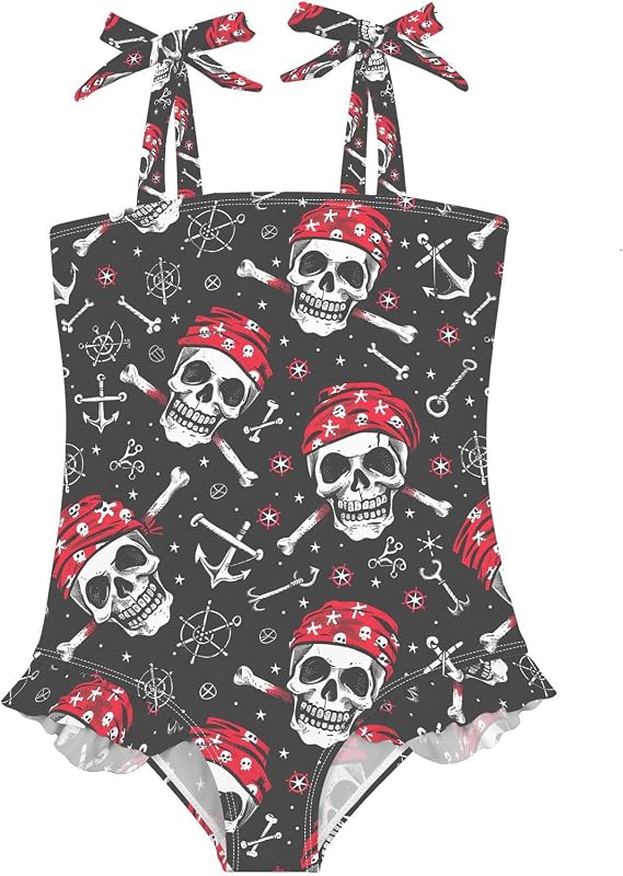 visesunny Girls One Piece Swimsuits Cute Ruffle Adjustable Shoulder Strap Girls' Breathable Sunmmer Beach Swimwear 18M-6Y - skull swimsuit