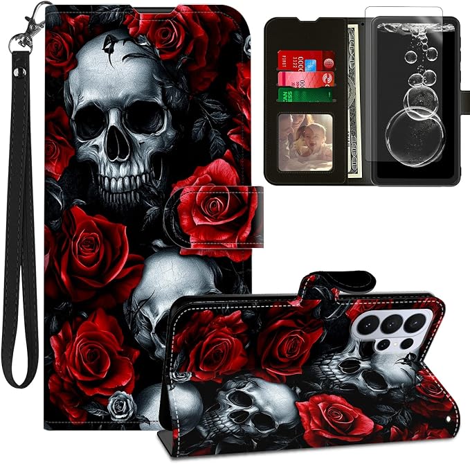 for Samsung Galaxy S26 Ultra Case with Screen Protector & Kickstand & Wrist Strap & Card Holder PU Leather Flip Fold Wallet Case Protective Magnetic Heavy Duty Cover,Skull Red Flower - Skull phone case