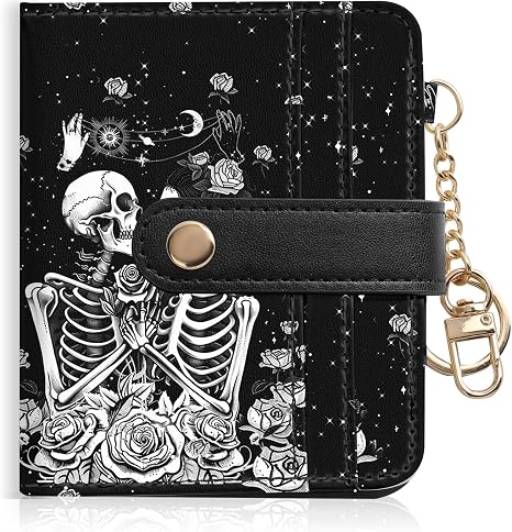 Women Wallet, RFID Blocking Bifold PU Leather Wallet, Small Slim Compact Purse with Clear ID Window & Zipper Coin Pocket, Credit Card Holder for Ladies,1 ID window 8 Card Slots,skull - skull wallet