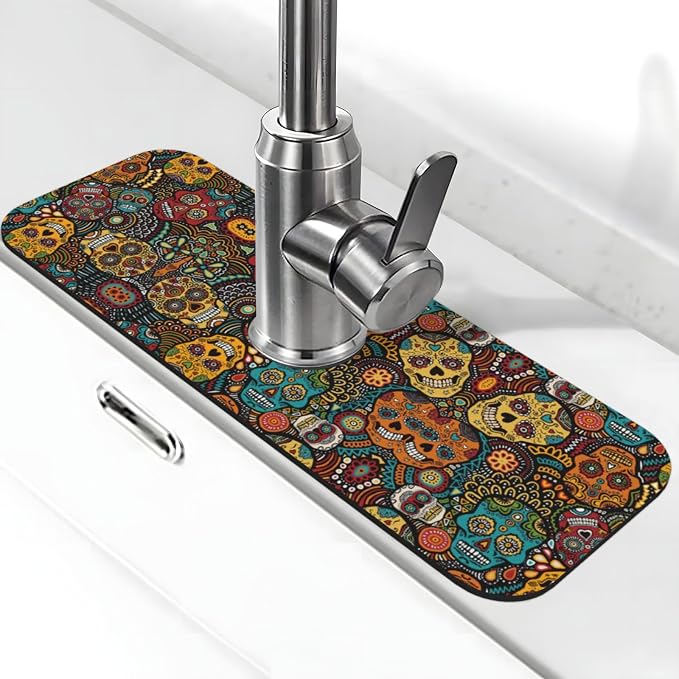 Sugar and Skulls Style Print Kitchen Faucet Suction Pad, Faucet Drain Mat for Kitchen Bathroom and Counter - skull toilet mat