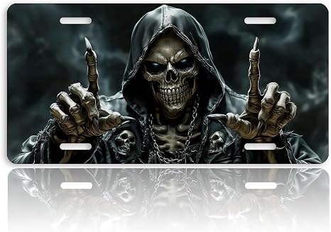 Gothic Front License Plate for Women Cool Fantasy Dark Skull Black Art Reaper Car Vanity Plates Decorative Aluminum Metal Cute Novelty License Plate Cover for Men 6x12 Inch (4 Holes) - skull plate