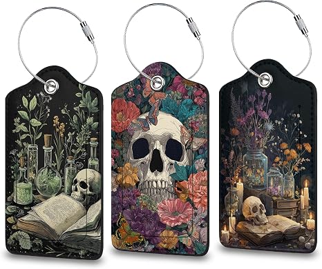 Skull Flowers Luggage Tag for Suitcase, Privacy Cover ID Label with Stainless Steel Loop and Address Card for Travel Bag Suitcase Backpack, 3 Pack - skull suitcase
