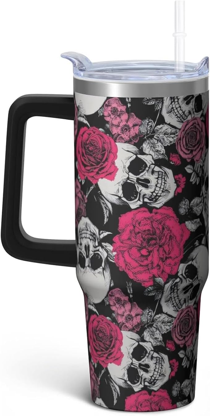 30oz Skull Tumbler with Handle and Straw,Skeleton Gothic Floral Stainless Steel Insulated Cup with Lid and Straw,Travel Coffee Mug Water Bottle,Halloween Birthday Gifts for Women Men - skull bottle