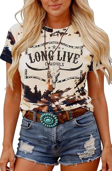 Western Shirts for Women Vintage Cowboy Cowgirl T-Shirts Long Live Cow Skull Graphic Tee Tops Country Rodeo Outfit - skull tshirt