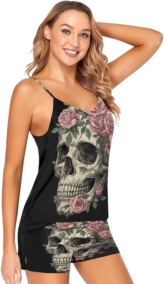 Women's Skull Pink Rose Pajamas Camisole Shorts Set - skull pajamas