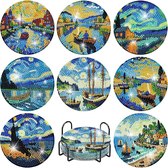 8 PCS Starry Sky Diamond Art Coasters Kit for Adults, DIY 5D Diamond Painting Coasters with Holder, Drink Gem Art Dots Painting Coaster with Cork Pads - Crafts Supplies for Home Decor - skull coaster