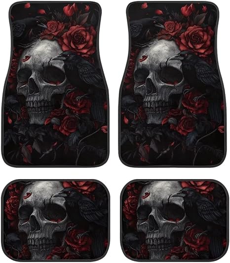 Gothic Skull Floral Car Floor Mats 4 Pcs Auto Interior Accessories Set Anti-Slip Carpets Foot Pads Front & Rear Floor Mat Universal for Cars Trucks, Black Red
