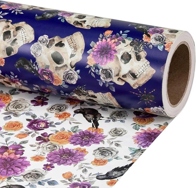 RUSPEPA Reversible Day of the Dead Wrapping Paper Roll, Mini Roll, Sugar Skull & Floral Pattern Double-Sided Gift Wrap Paper for Día de los Muertos Party, Halloween Gifts, 17 Inches x 16.4 Feet - skull toilet paper