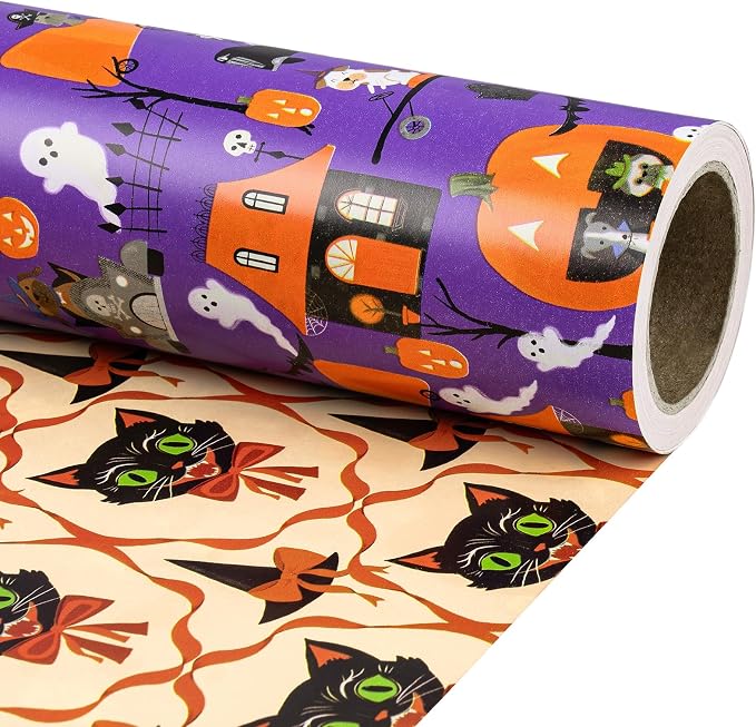 RUSPEPA Reversible Halloween Wrapping Paper Roll, Mini Roll, Purple Pumpkin Ghost Haunted House and Black Cat Pattern Double-Sided Gift Wrap for Halloween Party, Trick or Treat, 17 Inches x 16.4 Feet - skull toilet paper