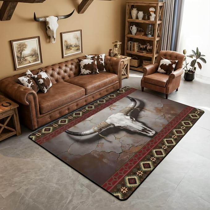 Erosebridal Western Aztec Living Room Rugs Brown Bull Skull Area Rug 3X5 Southwestern Boho Carpet, Rustic Farmhouse Decorative Rug - skull carpet