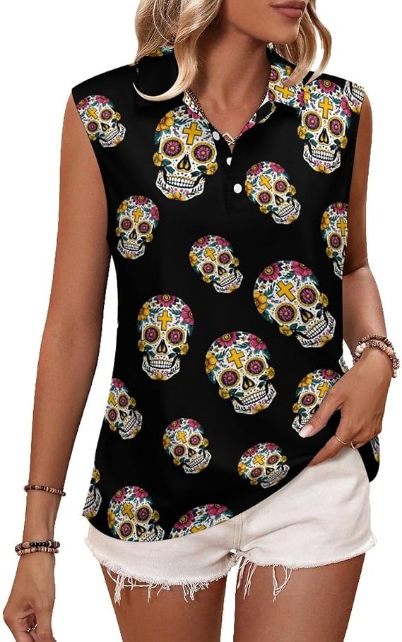 Mexican Sugar Skull Novelty Women's Tank Tops Casual V-Neck Sleeveless Shirts Blouse Tops - skull tank tops