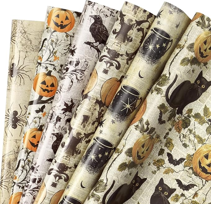 RUSPEPA Vintage Halloween Wrapping Paper Sheets, Black Cat, Pumpkin, Raven & Spider Gothic Gift Wrap Paper for Halloween Party, Trick or Treat Gifts, 6 Folded Sheets, 19.68 X 27.5 Inch - skull toilet paper