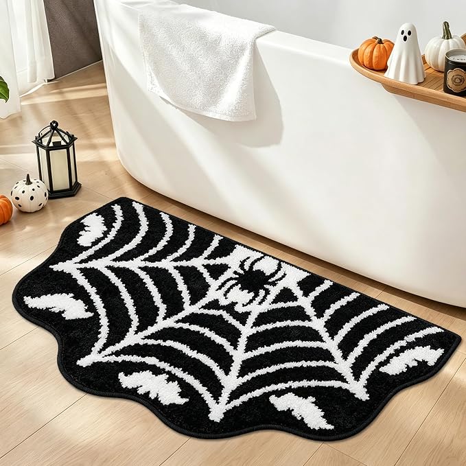 Gothic Bath Mat, Halloween Rug Bathroom Decor, Spider Web Bath Mat - skull toilet mat