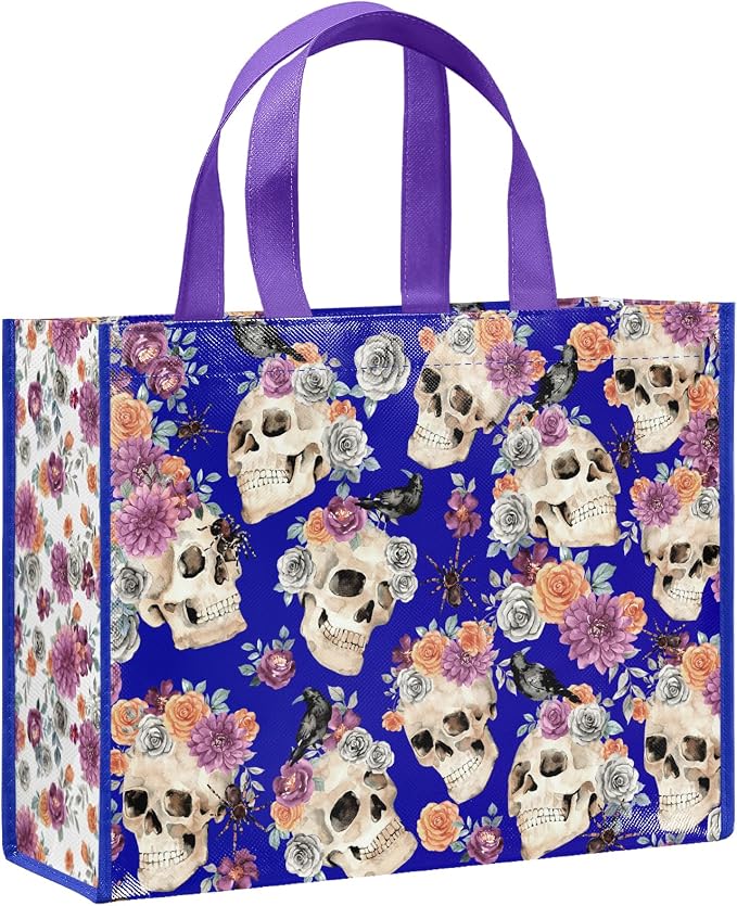 Loveinside 13" Large Day of the Dead Reusable Gift Bag, Floral Sugar Skull & Raven Pattern Recycled Gift Bag with Handles for Día de los Muertos Party, Halloween Gifts, 13" x 5" x 10", 1 Pcs - skull backpack