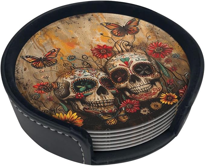 Sugar Skulls Butterfly Print Coaster Set - 6 pcs Round Cup Coasters, Leather Drink Coasters for Kitchen, Office, Bar, Coffee - skull coaster