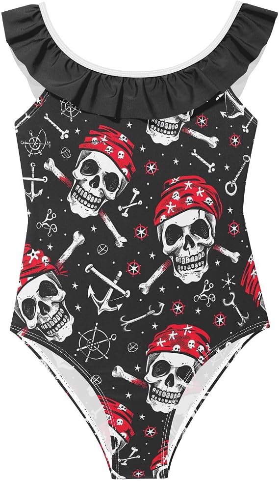 visesunny Girls One Piece Swimsuits Cute Ruffle Sleeveless Kids Breathable Bathing Suits Girls' Sunmmer Beach Swimwear 3-6Y - skull swimsuit