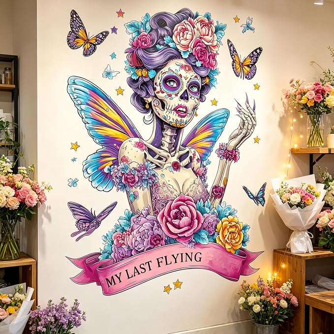 Sugar Skull Fairy Wall Decals, Butterfly Floral Flower Wall Stickers - skull sticker
