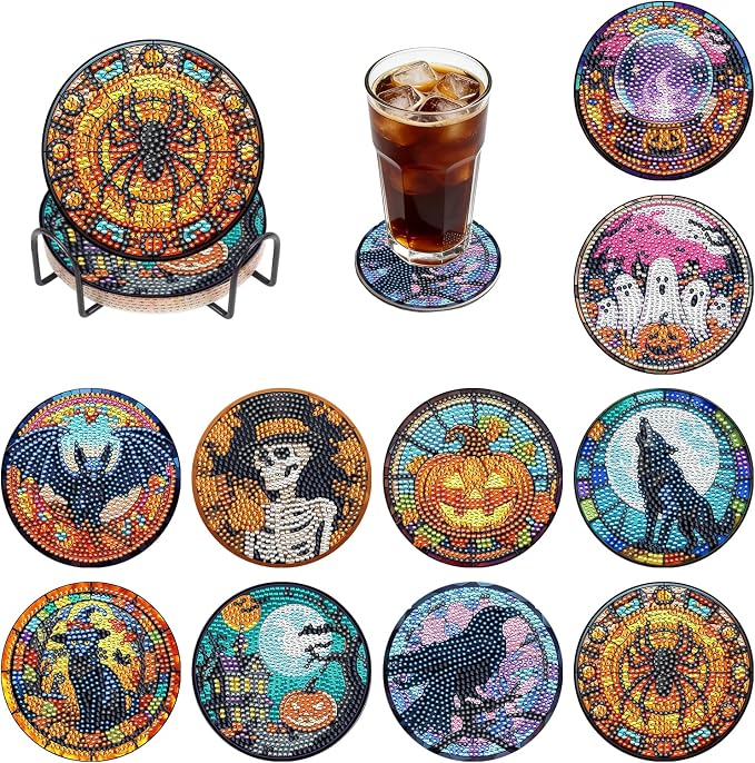 BOCACUE Halloween Diamond Art Coasters, 10PCS Acrylic Coaster Kit - skull coaster
