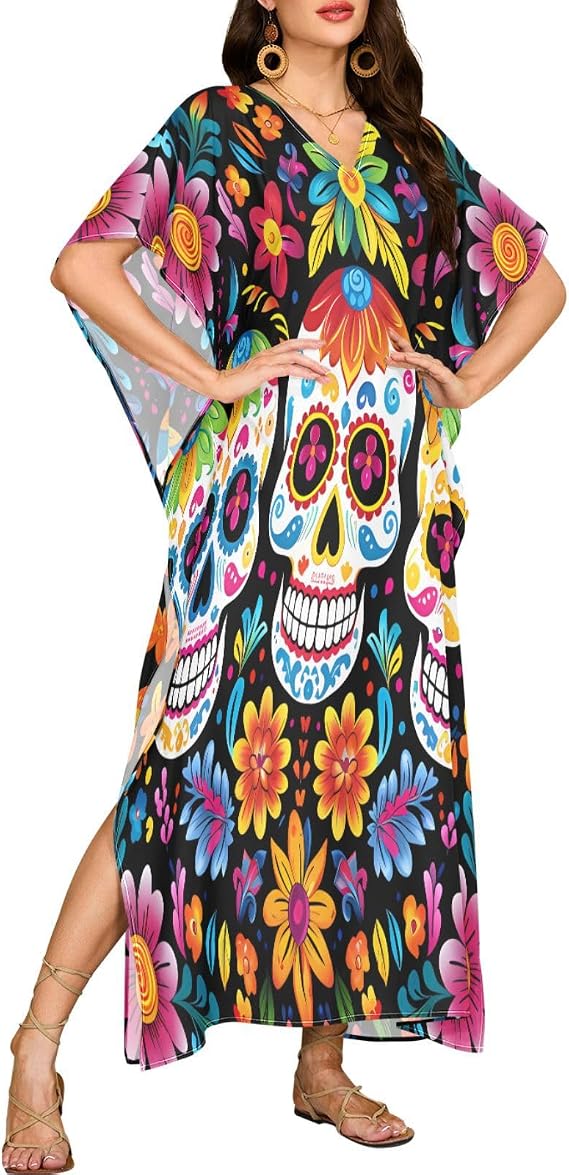 ALAZA Sugar Skull Day of Dead Moo Moos for Women Kaftan Dresses Plus Size Women's Cover Ups for Swimwear Beach Multicoloured - sugar skull dress