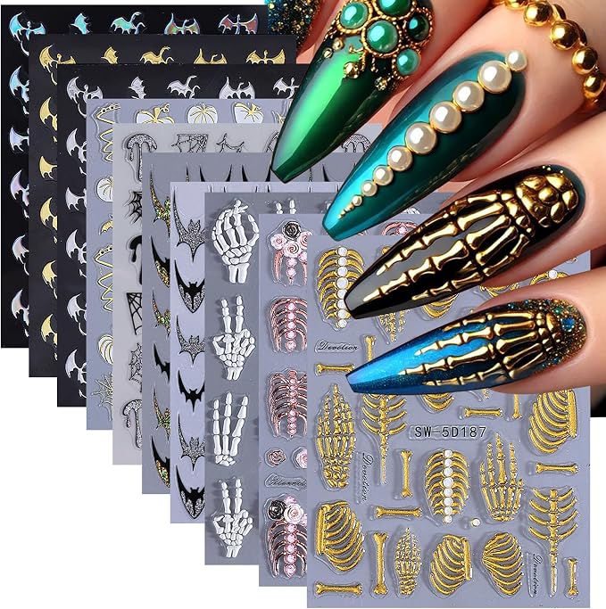 Gothic 5D Nail Art Stickers 10 PCS Embossed Skeleton Y2K Nail Decals Golden Rose Gold White Bone Skeleton Designs Goth Bat Self Adhesive Sliders Nail Art Decoration Manicure Accessories for DIY Party - skull sticker
