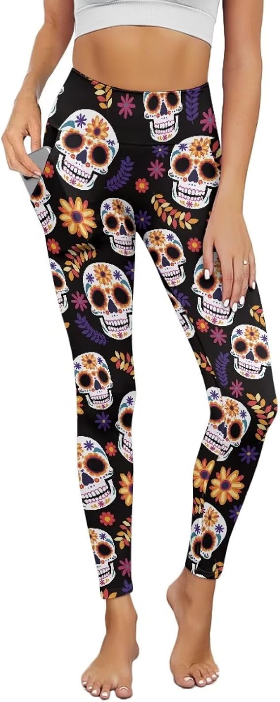 Sugar Skull Marigold Women Yoga Leggings, Bookish Ghost Pumpkin High Waisted Yoga Pants with Pocket, Gym Workout - skull leggings