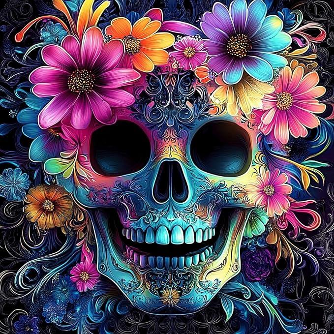 Miwixy Skull Flower Diamond Art Kits for Adults,Sugar Skull Diamond Painting Kits,5D Full Drill Gem Diamond Dots Paintings,Halloween Round Diamond Art Canvas for Beginners Home Wall Decor 12 x 12 Inch - skull painting
