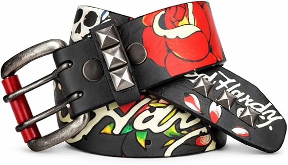 ED HARDY Men's My True Love Tattoo Print Double Prong Studded Belt with Removable Buckle - skull wallet