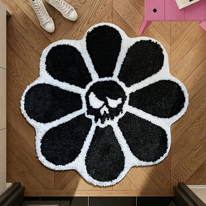 Witty Sun Flower Evil Skull Angry Face Rug, 2FT Kawaii Tufted Black Cool Rugs Funny Bath Mat, Gothic Street Style Fashion Home Décor for Bathroom Living Room Non-Slip Doormat - skull carpet