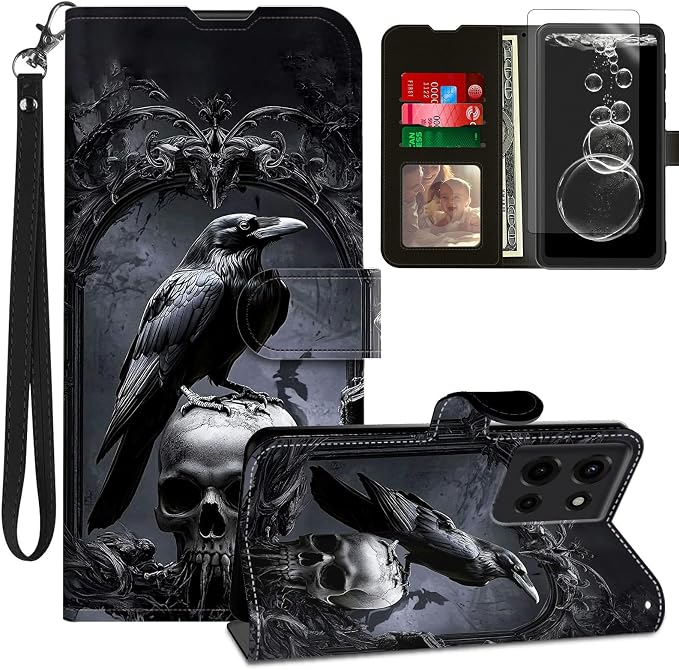 for Moto G 2026/2025 Case,Moto G Play 2026 Case with Screen Protector & Kickstand & Wrist Strap & Card Holder Leather Flip Fold Wallet Protective Magnetic Heavy Duty,Cute Crow Skull Black - Skull phone case
