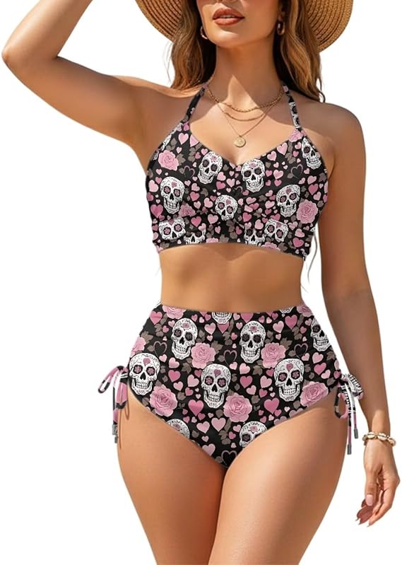 Women's V Neck Bikini Sets Crisscross Tie Back 2 Piece Swimsuits Drawstring High Waisted Beach Bathing Suit - skull swimsuit