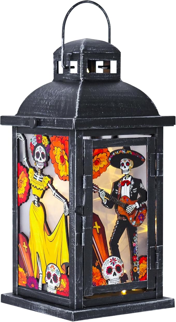Dia de Los Muertos Decorations, Day of the Dead Decor, DECORKEY 13.6’’ Decorative Skull Men & Women Candle Lantern with 60" Lights, Metal Black Lantern for Ofrenda Altar Table Fireplace Mantel bar - skull candle
