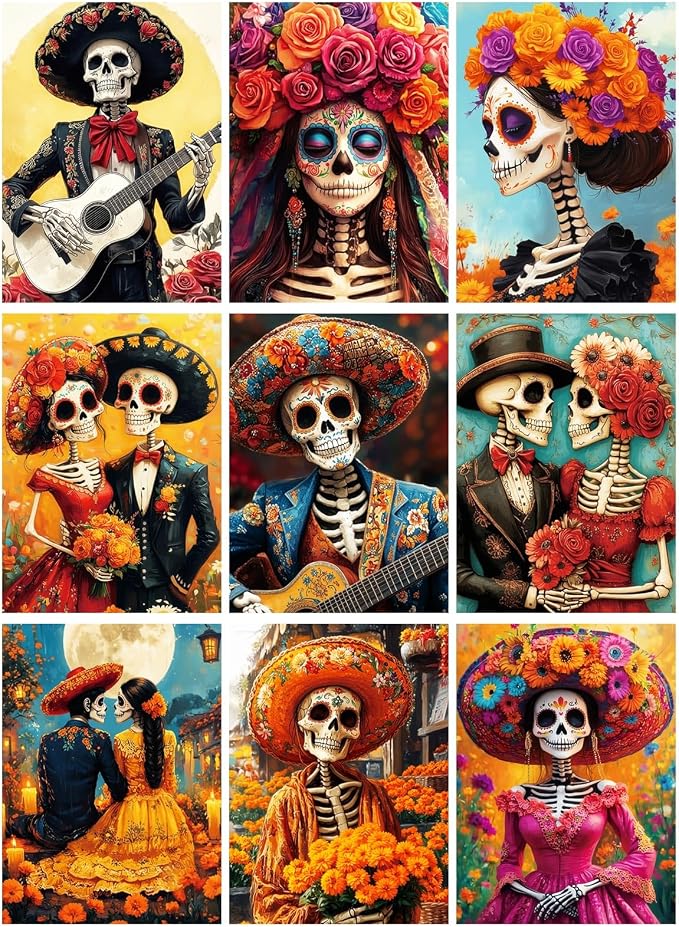 9 Piece Halloween Paint by Numbers Kit for Adults Canvas, Frameworkless - skull painting