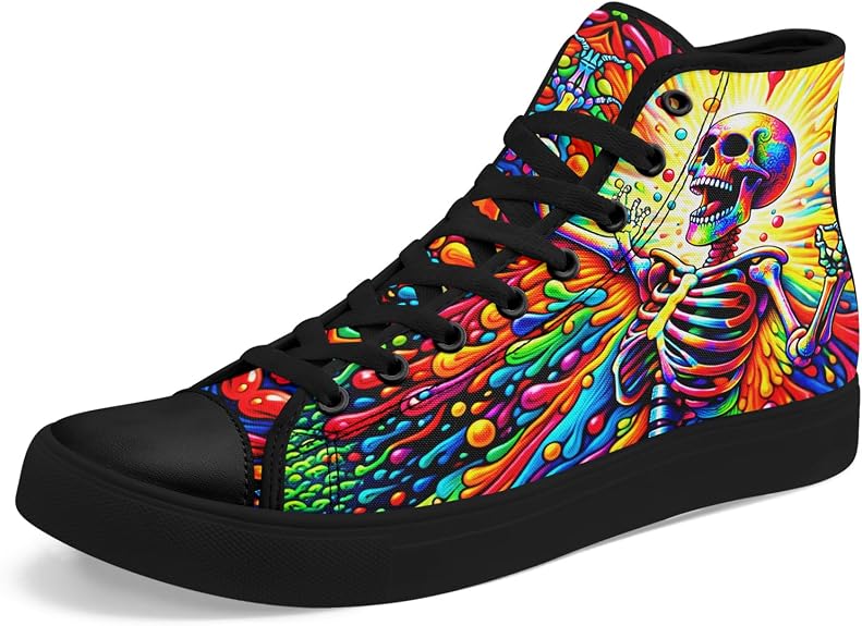 Gothic Skull High Top Canvas Sneakers for Men Women,Lace Up Punk Streetwear Shoes Dark Casual Skate Sneakers - sugar skull boots