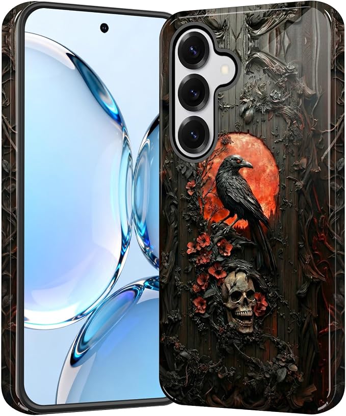 for Samsung Galaxy A57 5G Case, Dual Layer Hybrid Protection, Shockproof, Slim & Durable Phone Cover for Women Girls, Red Moon Raven Skull - Skull phone case