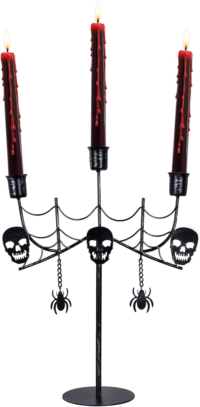 NEEDOMO Halloween Candle Holder, 3-Arm Black Metal Skull Taper Candlestick for Halloween Decorations Indoor, Gothic Halloween Candelabra Table Centerpieces for Dining Party Mantel - skull candle