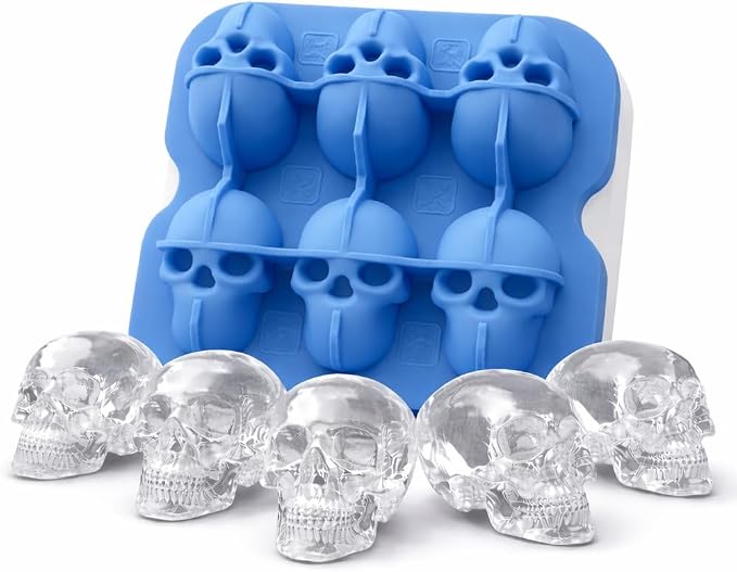 Skull Ice Cube Mold, 6-Cavity Silicone Ice Tray for Whiskey, Cocktails, and Beverages, Food-Grade Flexible Ice Maker for Halloween & Party Drinks, Easy Release & Dishwasher Safe (Blue) - skull ashtray