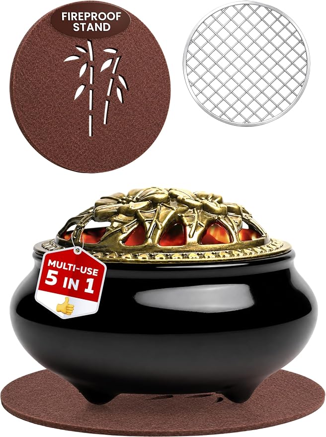 Frankincense Burner for Resin & Bakhoor – Glazed Black Ceramic Charcoal Incense Burner with Lid, Stainless Steel Mesh and Heat-Resistant Cotton Lining, Gothic Altar Censer - skull incense burner