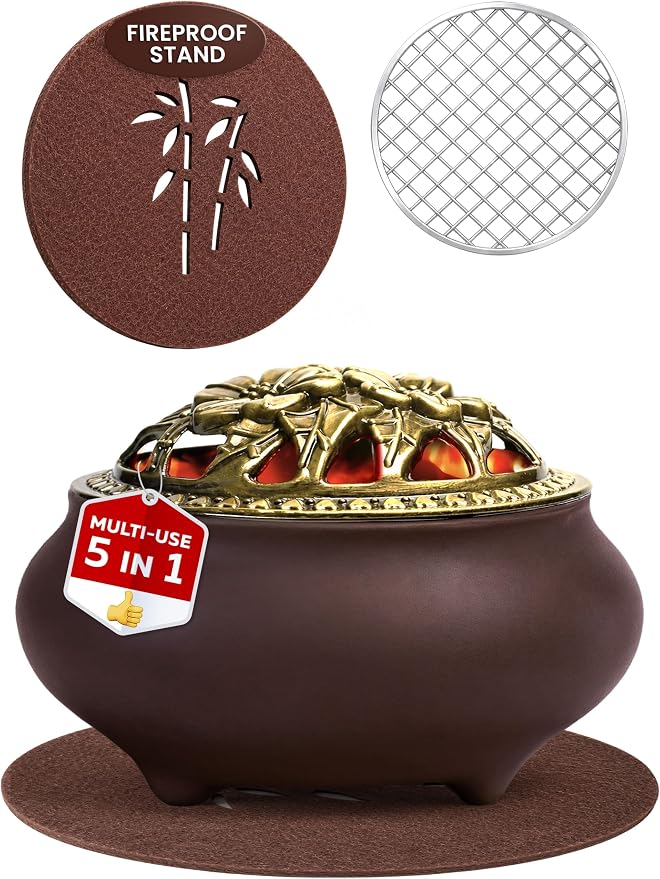 Bakhoor Incense Burner for Charcoal & Resin – Ceramic Frankincense Burner with Lid, Stainless Steel Mesh and Heat-Resistant Cotton Lining for Daily Ritual, Matte Brown - skull incense burner