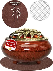Resin Incense Burner for Frankincense & Bakhoor – Ceramic Charcoal Incense Burner with Lid, Stainless Steel Mesh and Heat-Resistant Lining for Altar & Meditation, Glazed Red - skull incense burner